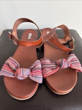 MIA Brown Sandals with Multicolor Striped Bow Accent